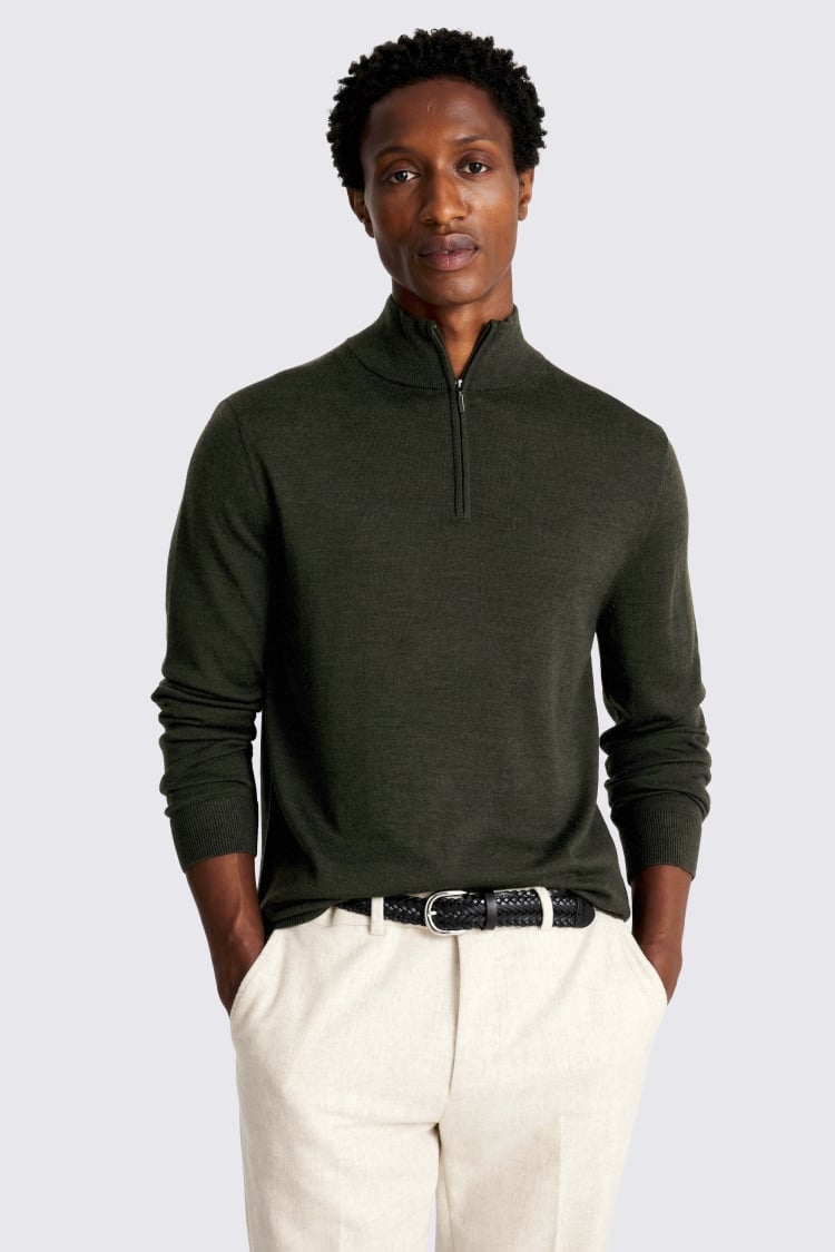 Khaki Merino Zip-Neck Jumper