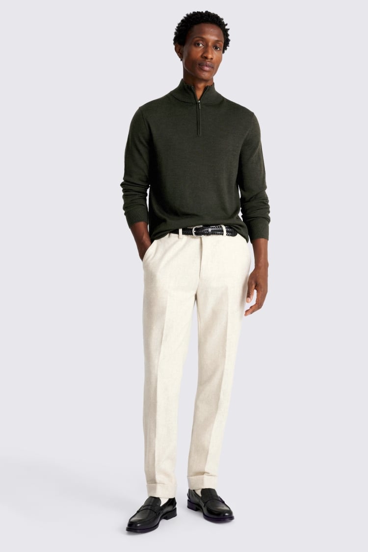 Khaki Merino Zip-Neck Jumper