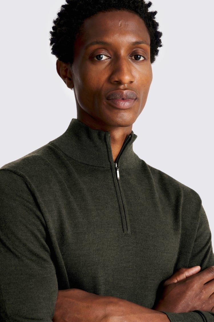 Khaki Merino-Blend Zip-Neck Jumper