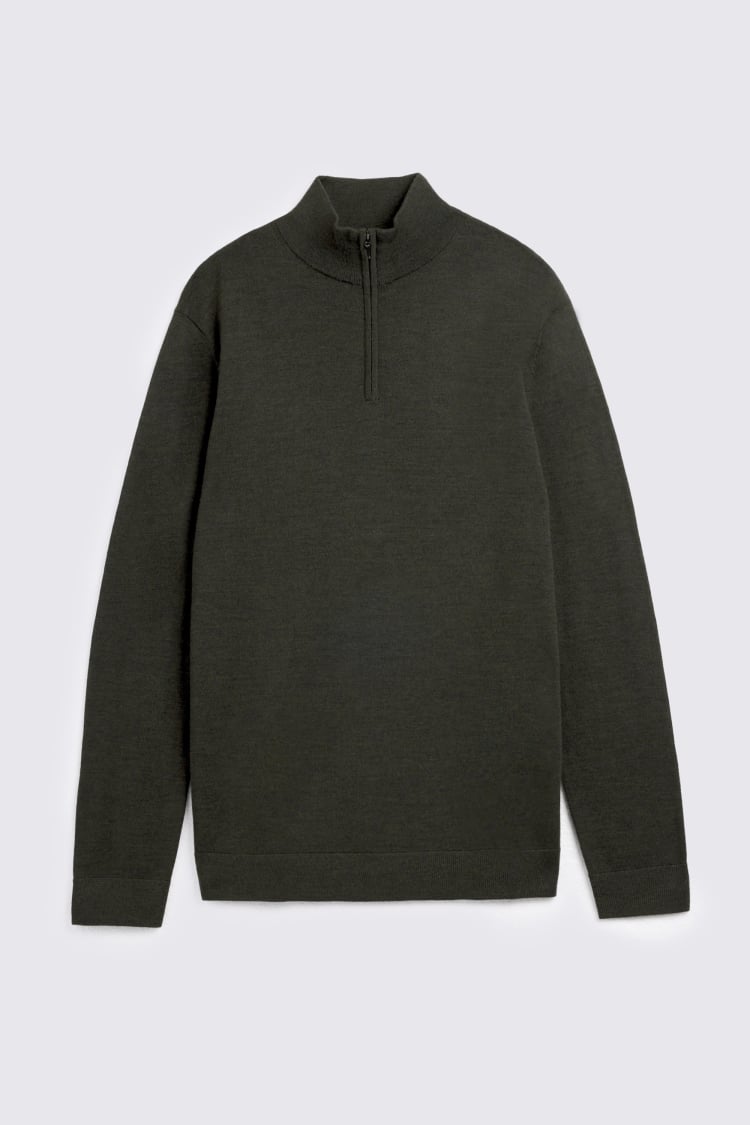 Khaki Merino Zip-Neck Jumper