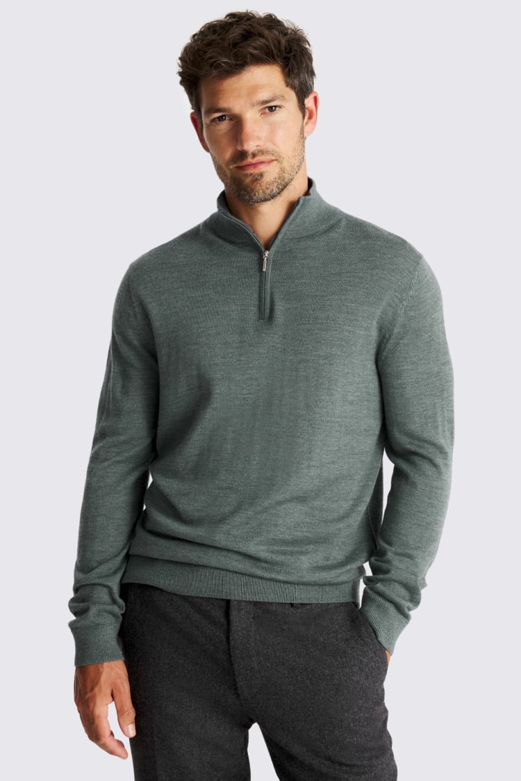 Mid Teal Merino Zip-Neck Jumper