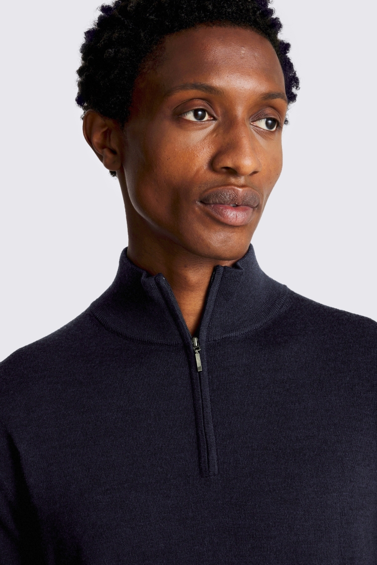 Maritime Blue Merino-Blend Zip-Neck Jumper