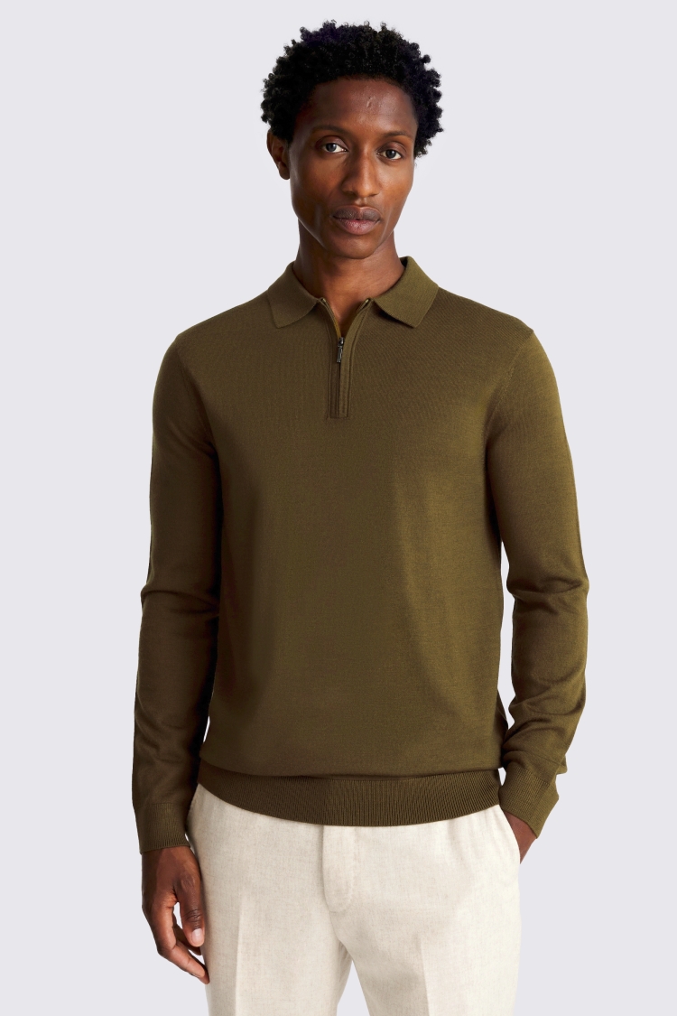 Olive Merino-Blend Zip Polo Shirt