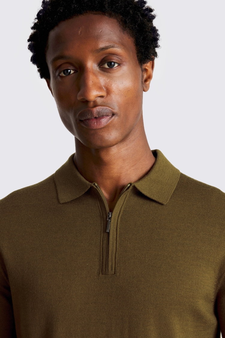 Olive Merino-Blend Zip Polo Shirt