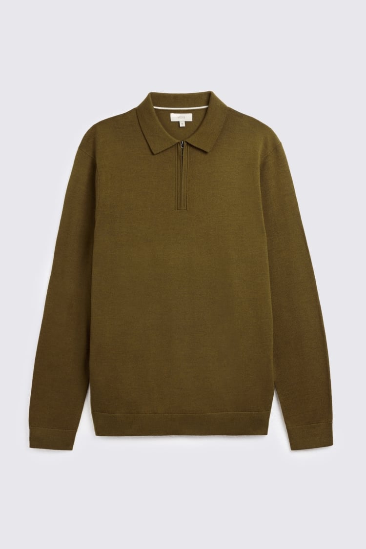 Olive Merino-Blend Zip Polo Shirt