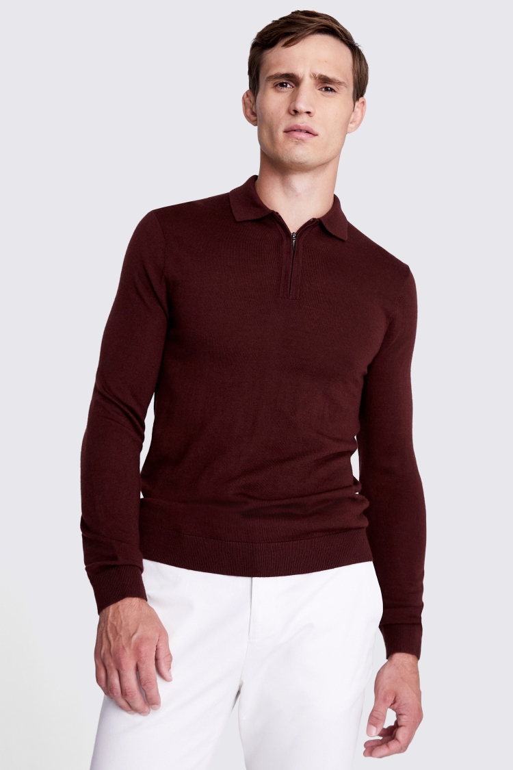 Wine Merino Zip-Neck Polo Shirt