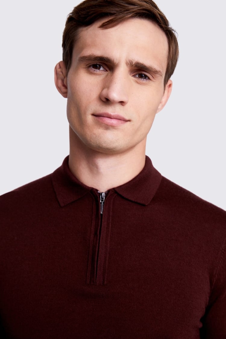 Wine Merino Zip-Neck Polo Shirt