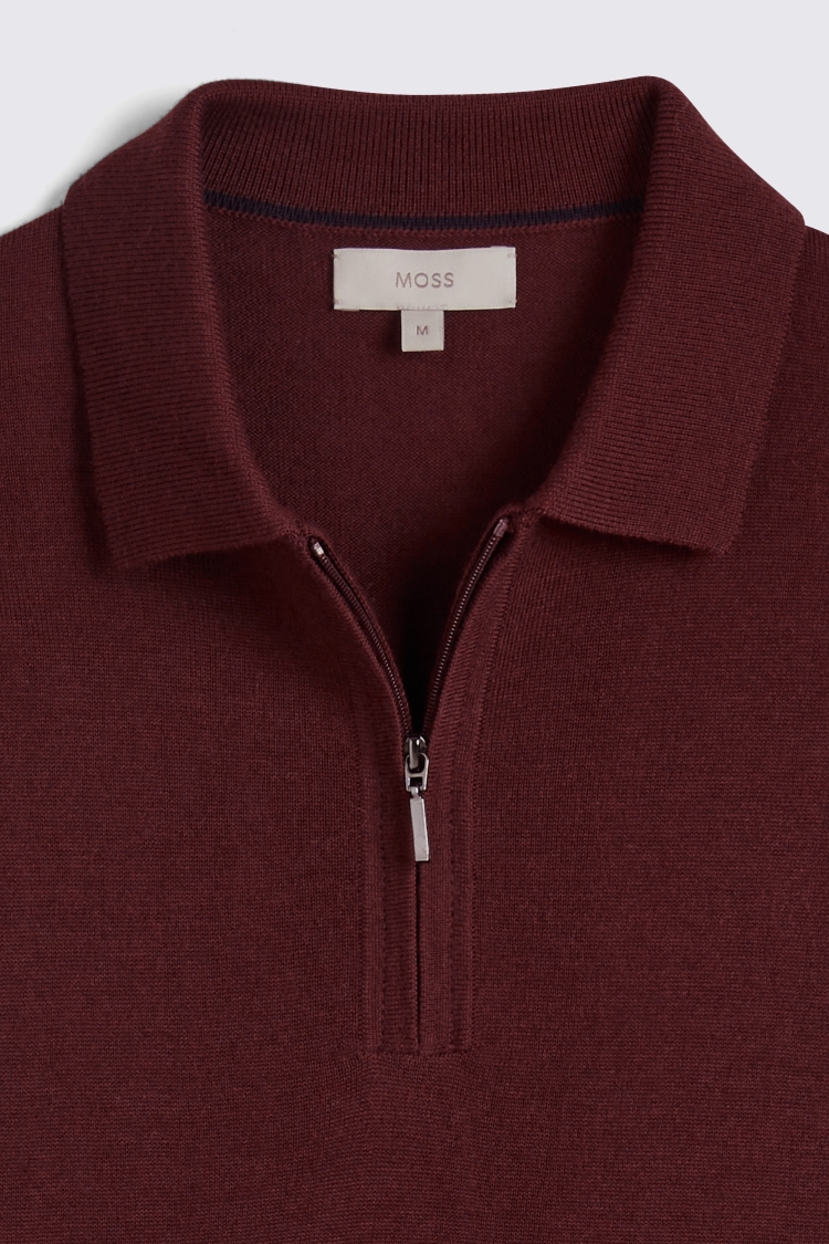 Wine Merino Zip-Neck Polo Shirt | Buy Online at Moss