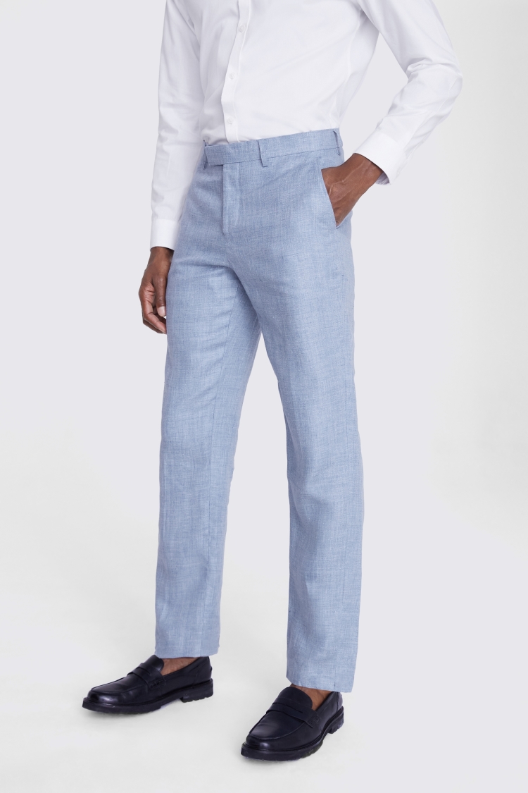 Cotton Linen Sky Blue Checkered Flat Front Casual Trouser