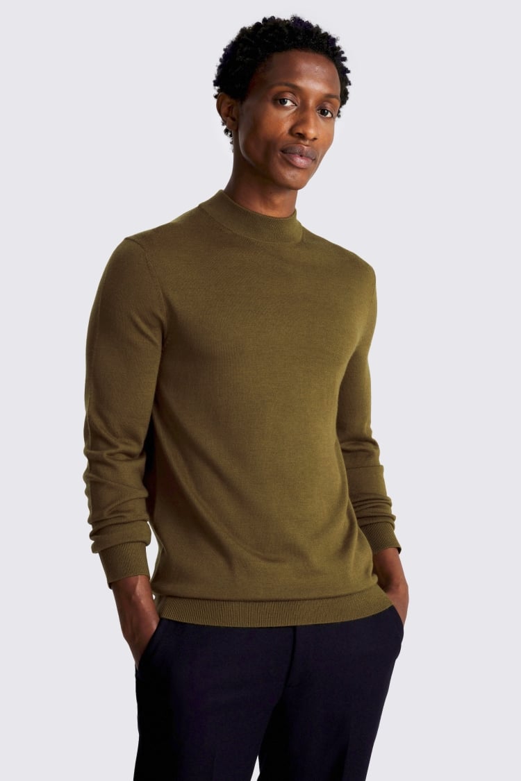 Olive Melange Merino Mock-Neck Jumper