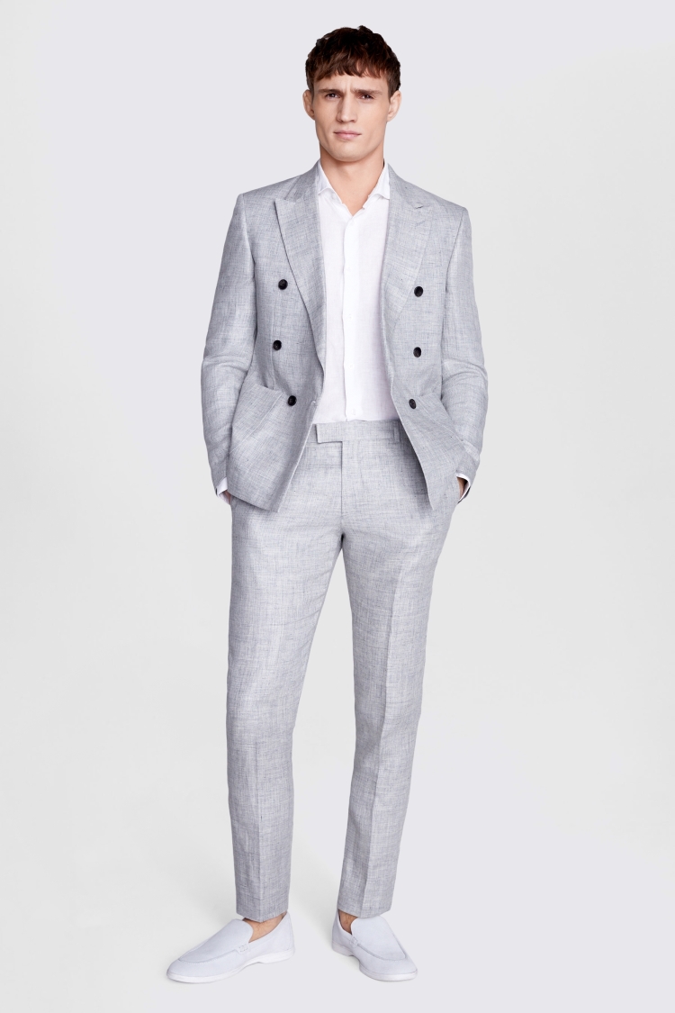 Slim Fit Grey Linen Double Breasted Suit