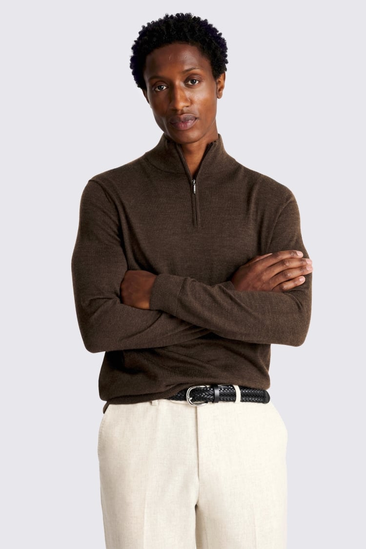 Brown Melange Merino Zip-Neck Jumper