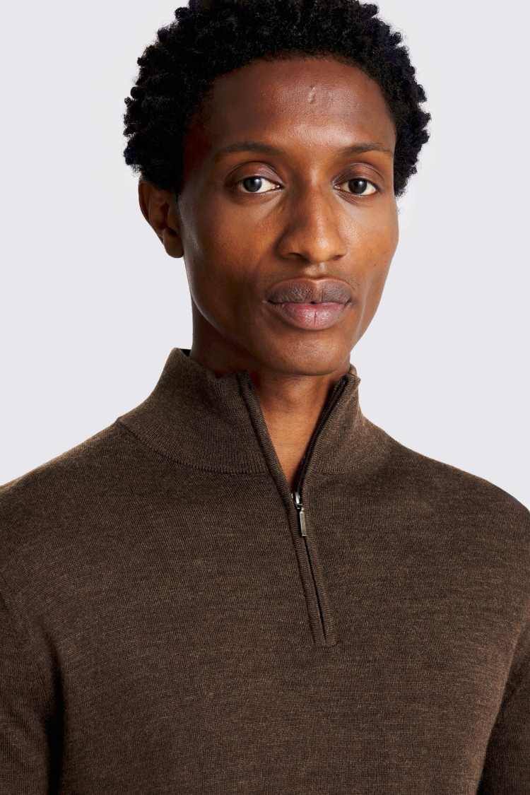 Brown Melange Merino Zip-Neck Jumper