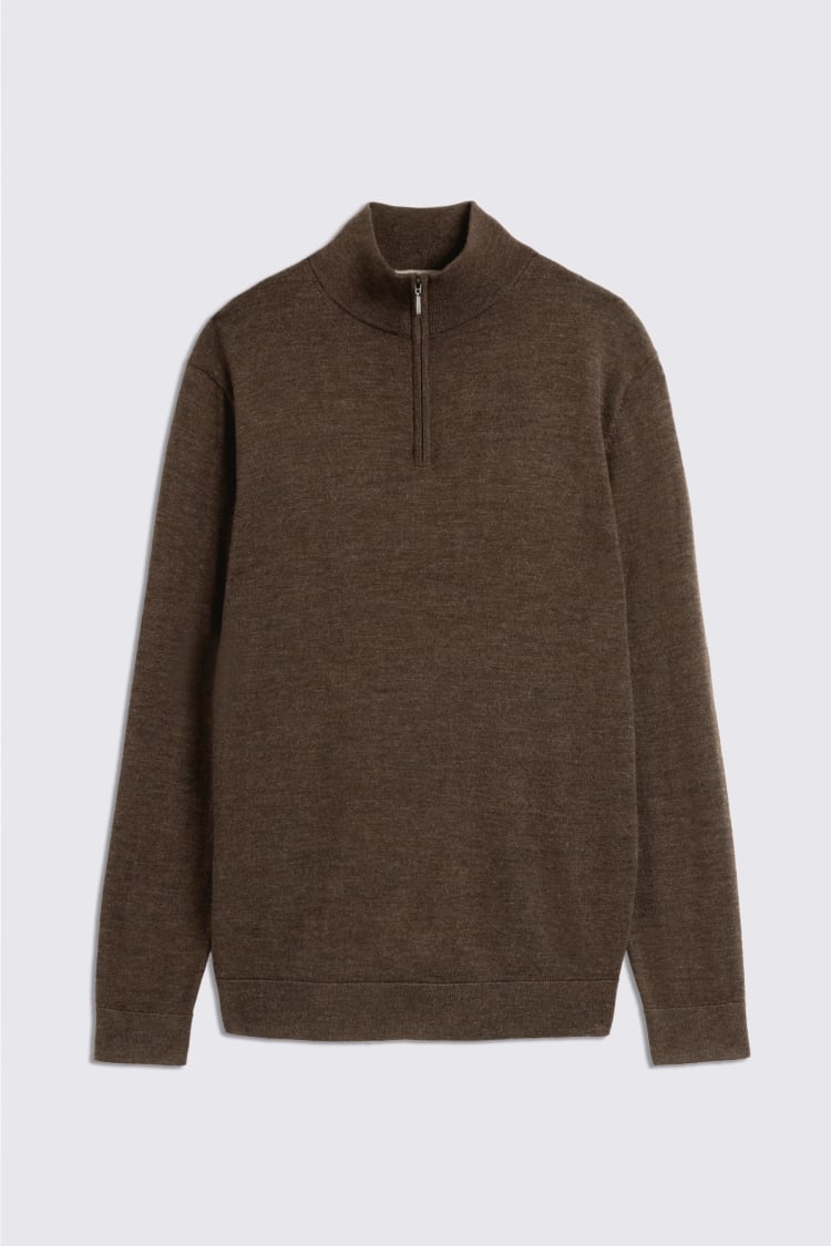 Brown Melange Merino Zip-Neck Jumper