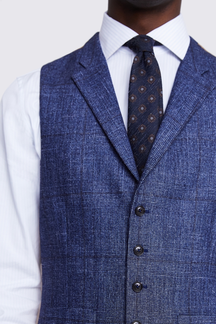 Italian Tailored Fit Blue Check Waistcoat