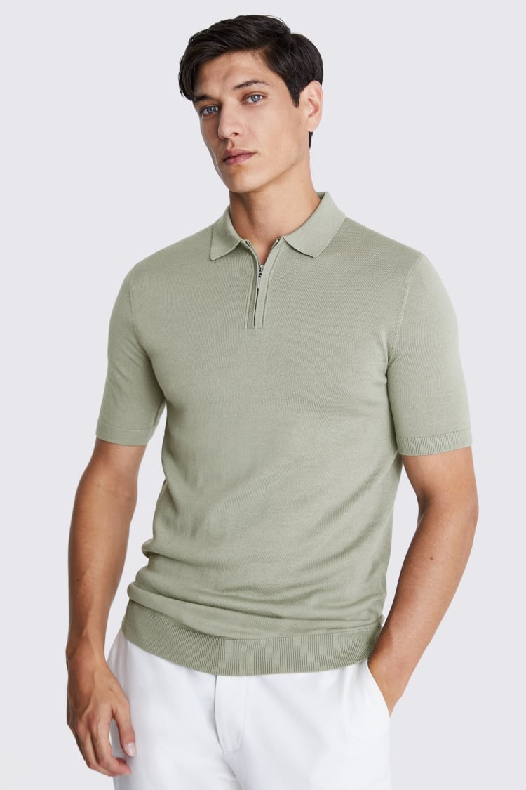 Sage Green Merino Quarter Zip Polo Shirt