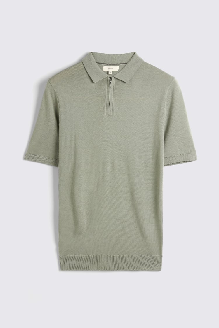 Sage Green Merino Quarter Zip Polo Shirt | Buy Online at Moss