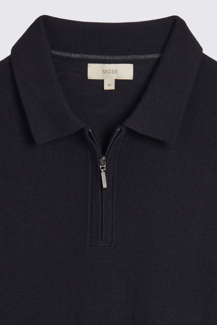 Navy Merino Quarter Zip Polo Shirt | Buy Online at Moss