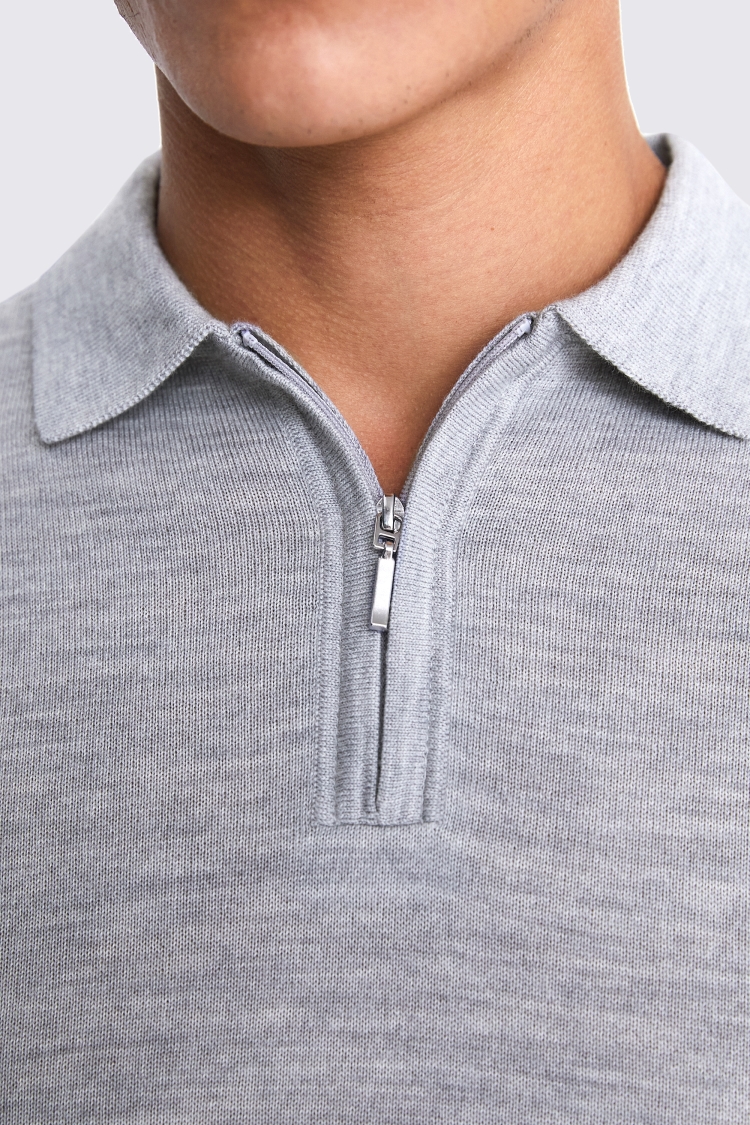 Light Grey Merino Quarter Zip Polo Shirt