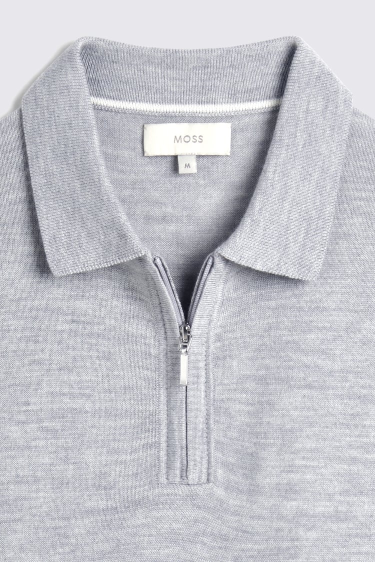 Light Grey Merino Quarter Zip Polo Shirt