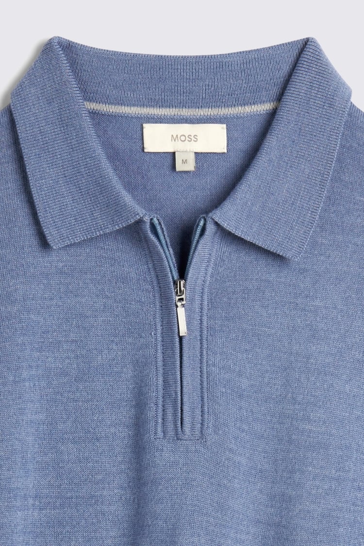 Cornflower Blue Merino Quarter Zip Polo Shirt