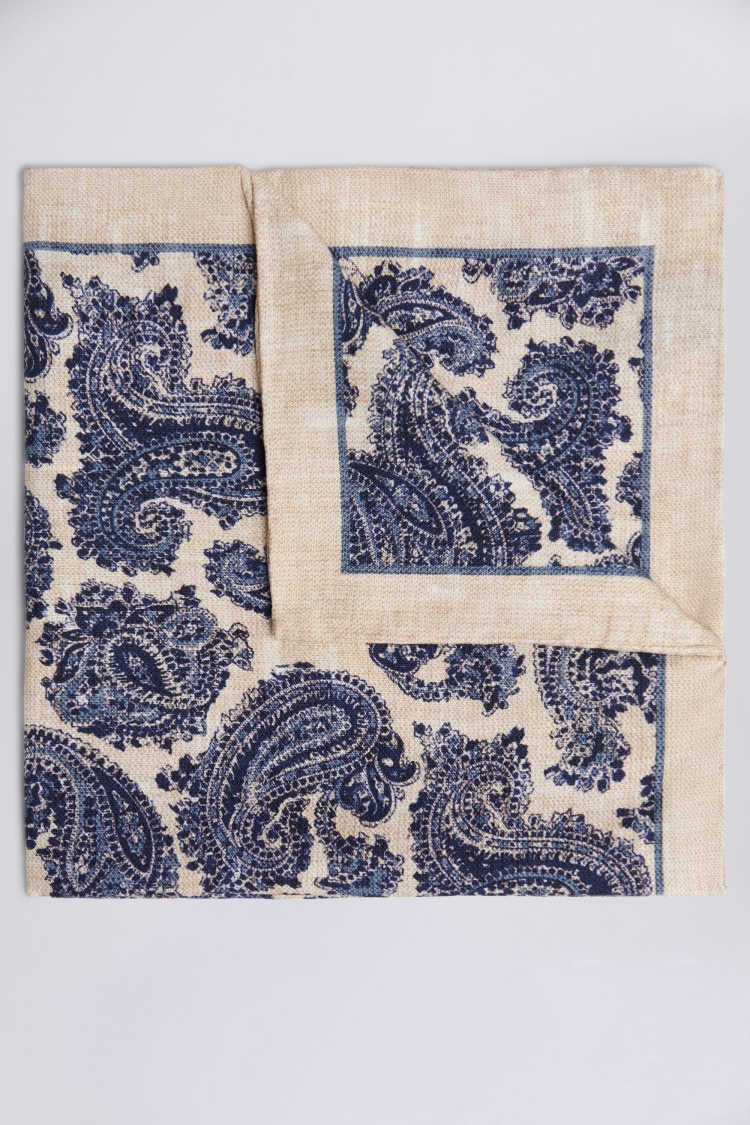 Bottinelli Neutral & Blue Silk Paisley Pocket Square