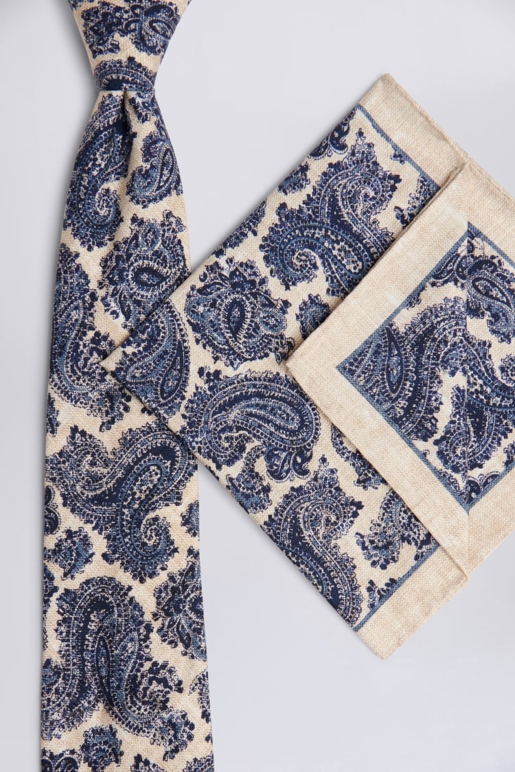 Bottinelli Neutral & Blue Silk Paisley Pocket Square