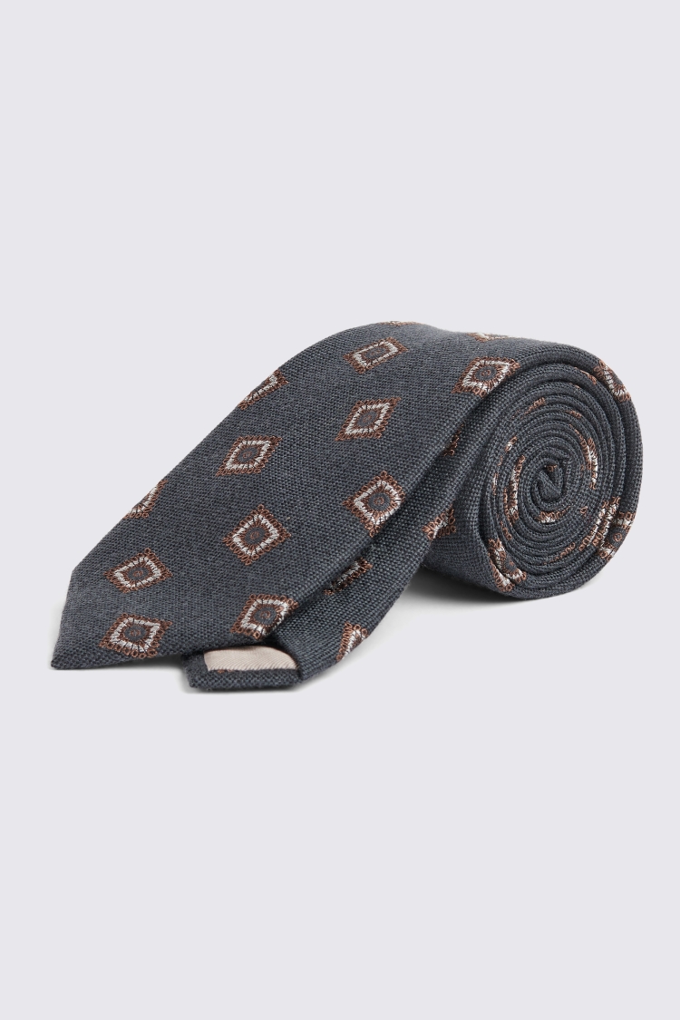 Grey & Chocolate Medallion Silk Wool Blend Tie