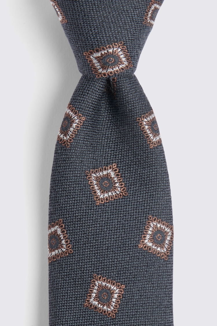 Grey & Chocolate Medallion Silk Wool Blend Tie