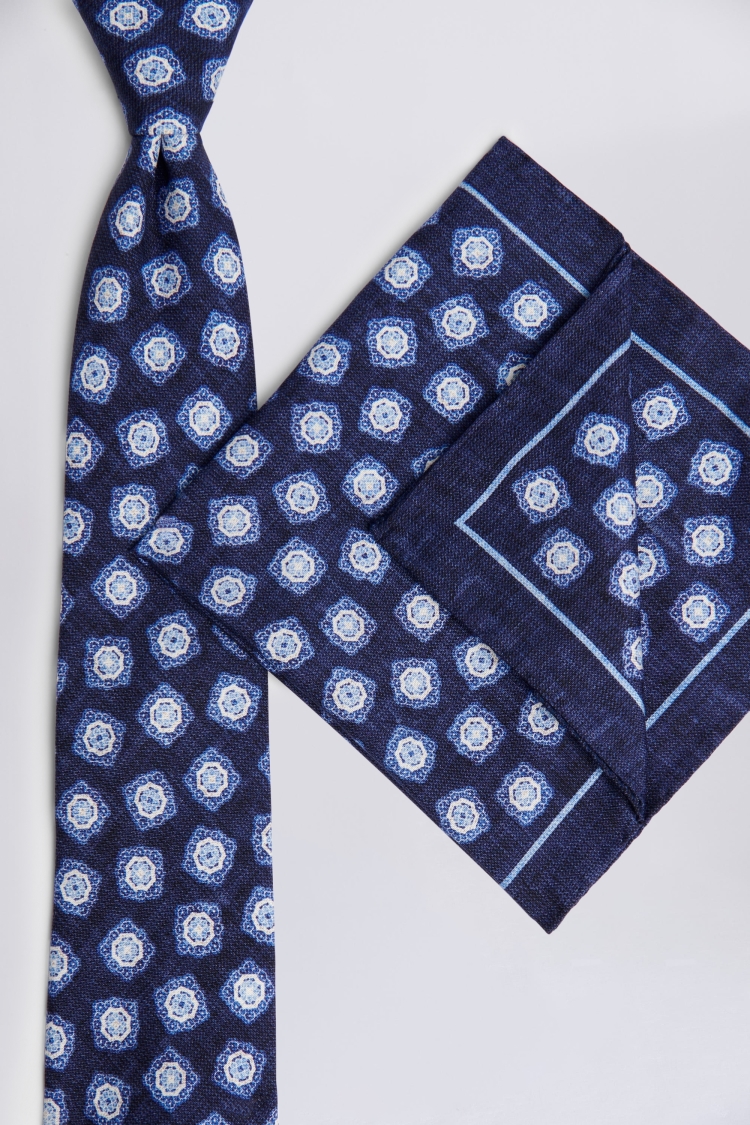 Bottinelli Navy & Blue Silk Medallion Pocket Square