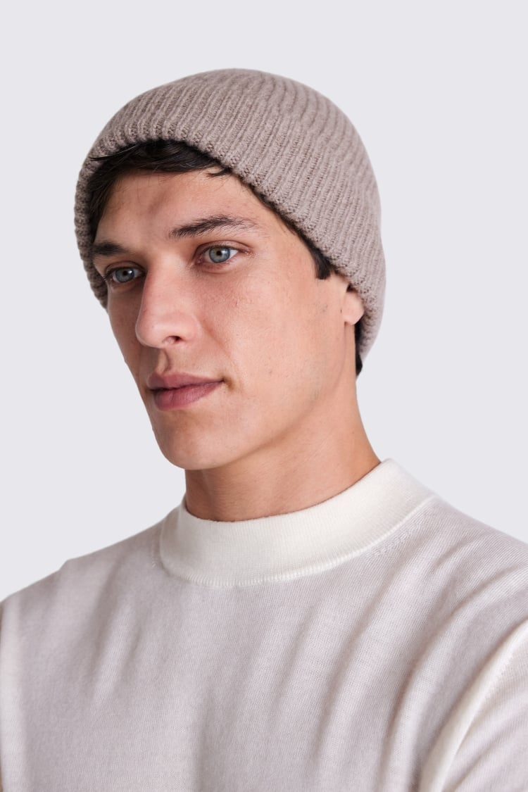 Taupe Melange Cashmere Blend Ribbed Beanie