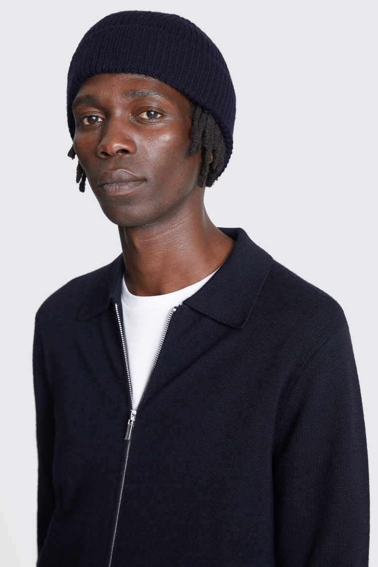 Navy Cashmere Blend Ribbed Beanie | Buy Online at Moss