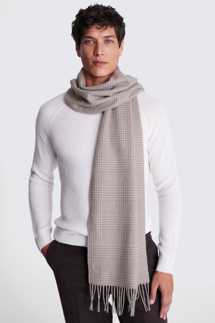 Taupe Prince of Wales Check Cashmere Blend Scarf