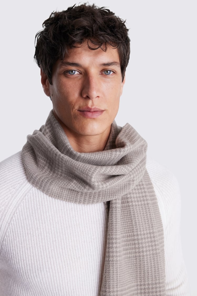 Taupe Prince of Wales Check Cashmere Blend Scarf