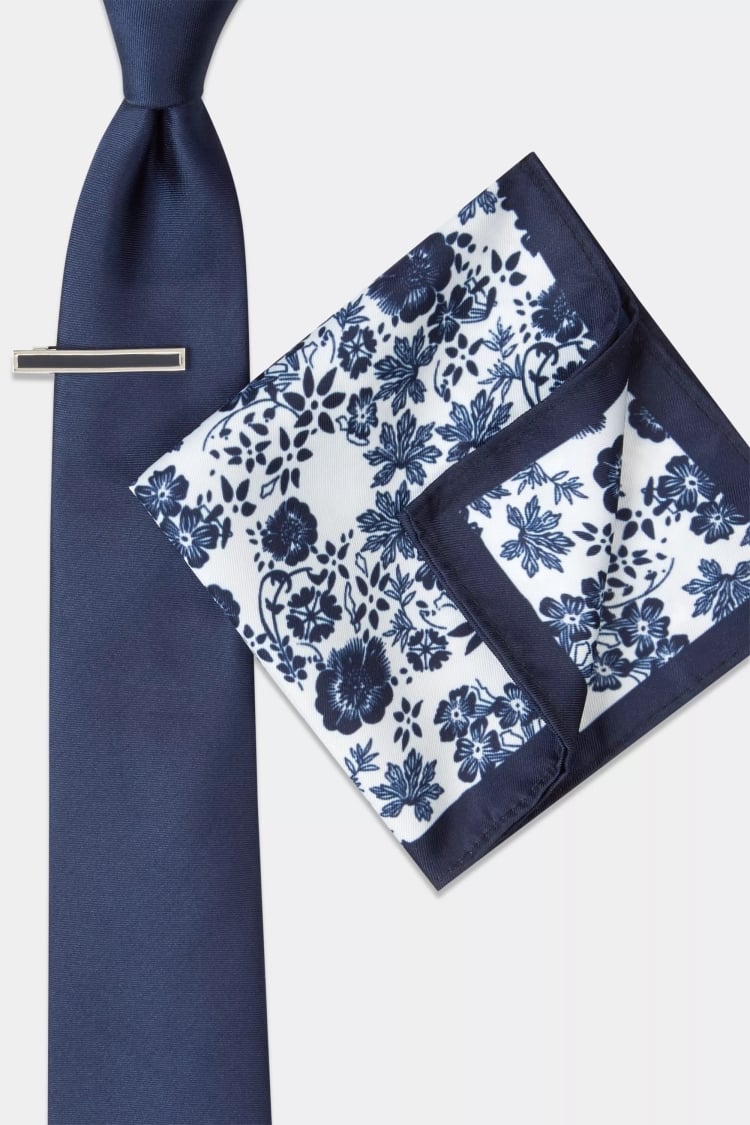 Navy Floral Tie, Hank & Tie Bar Set