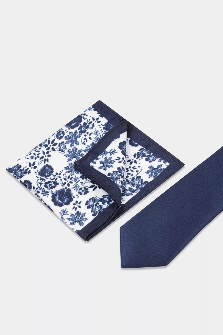 Navy Floral Tie, Hank & Tie Bar Set