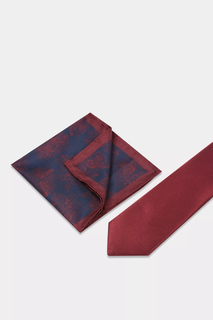 Wine Floral Tie, Hank & Tie Bar Set