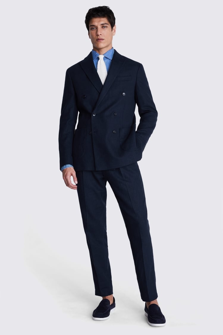 Tailored Fit Navy Herringbone Double Breasted Jacket