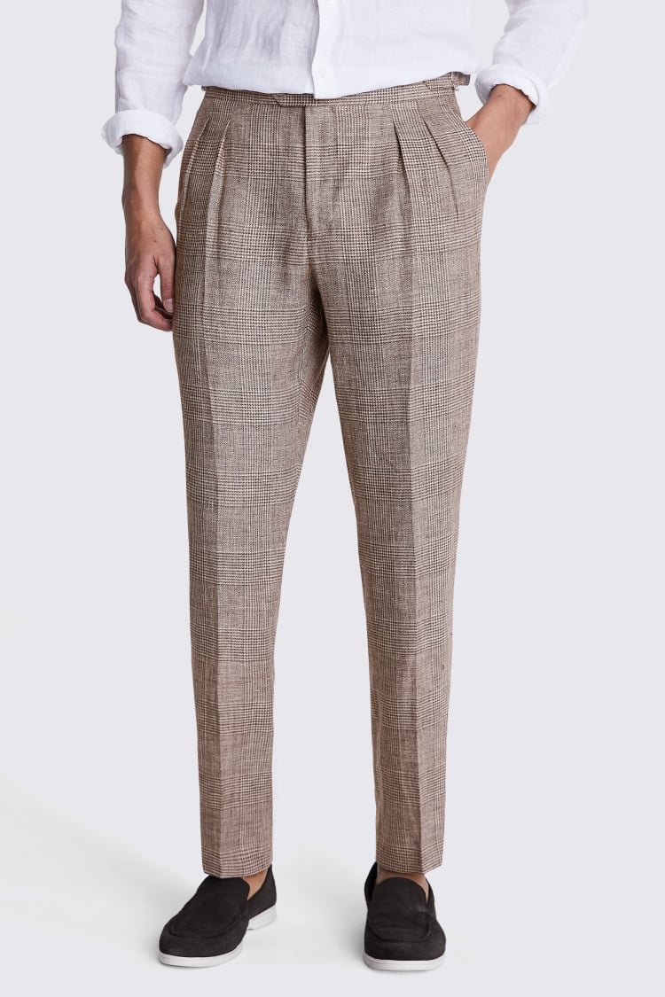 Slim Fit Brown Check Linen Trousers