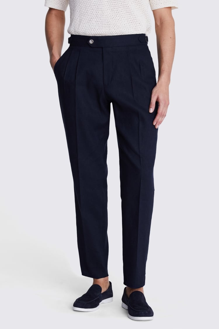 Navy Linen Pleated Trousers
