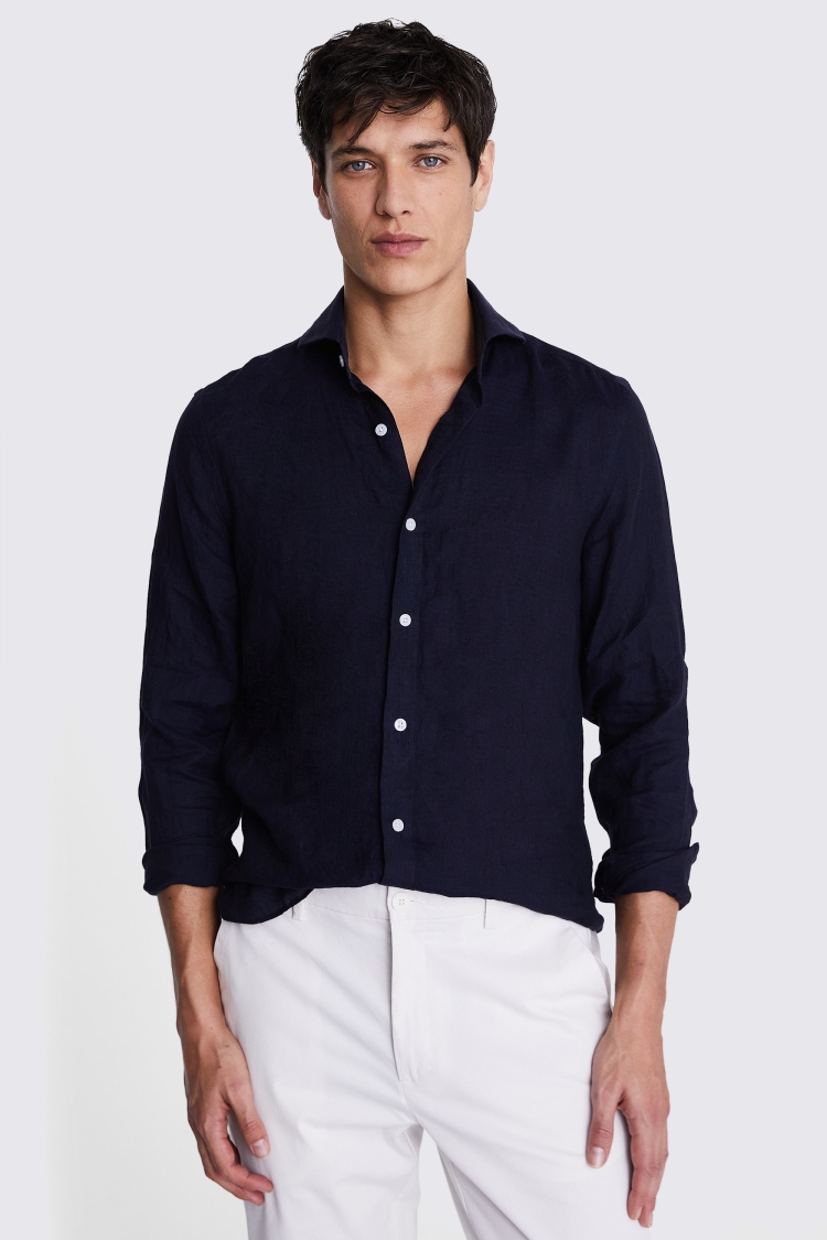 Tailored Fit Navy Linen Shirt