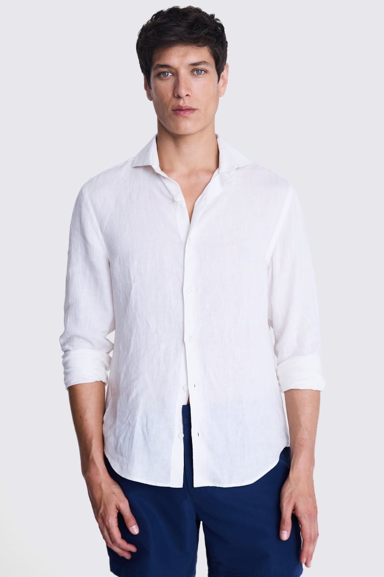 Tailored Fit Off White Linen Shirt