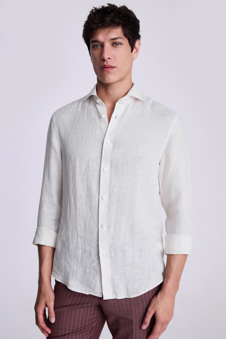 Tailored Fit Off White Linen Shirt