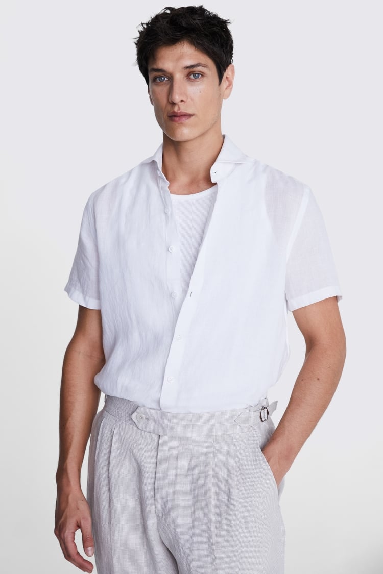 Tailored Fit White Short Sleeve Linen Shirt