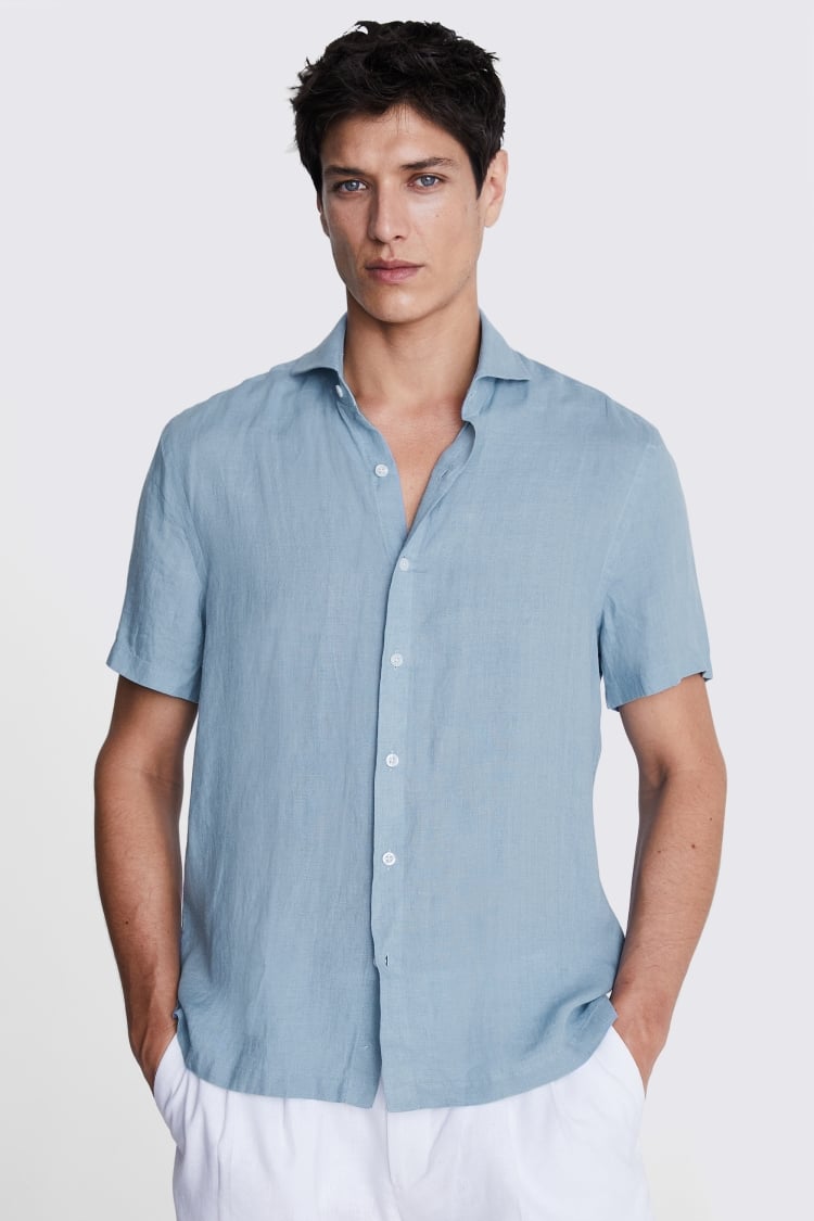 Tailored Fit Blue Short Sleeve Linen Shirt