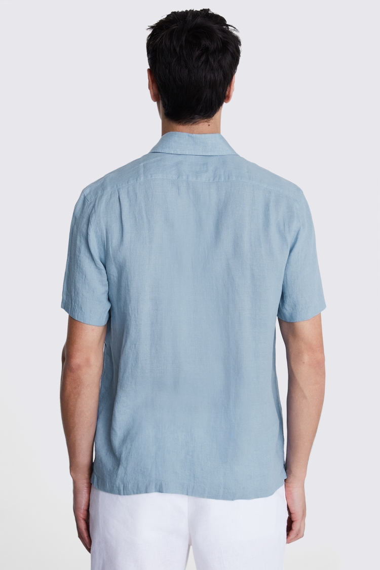 Tailored Fit Blue Short Sleeve Linen Shirt