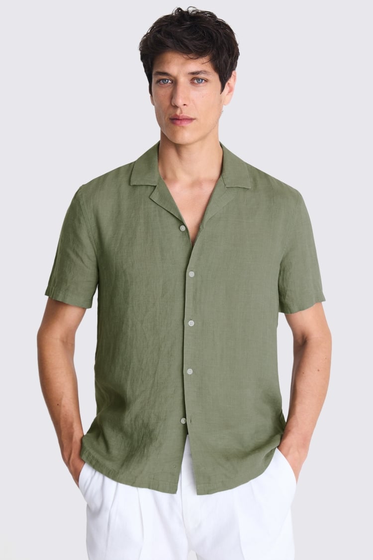 Tailored Fit Green Linen Cutaway Collar Shirt