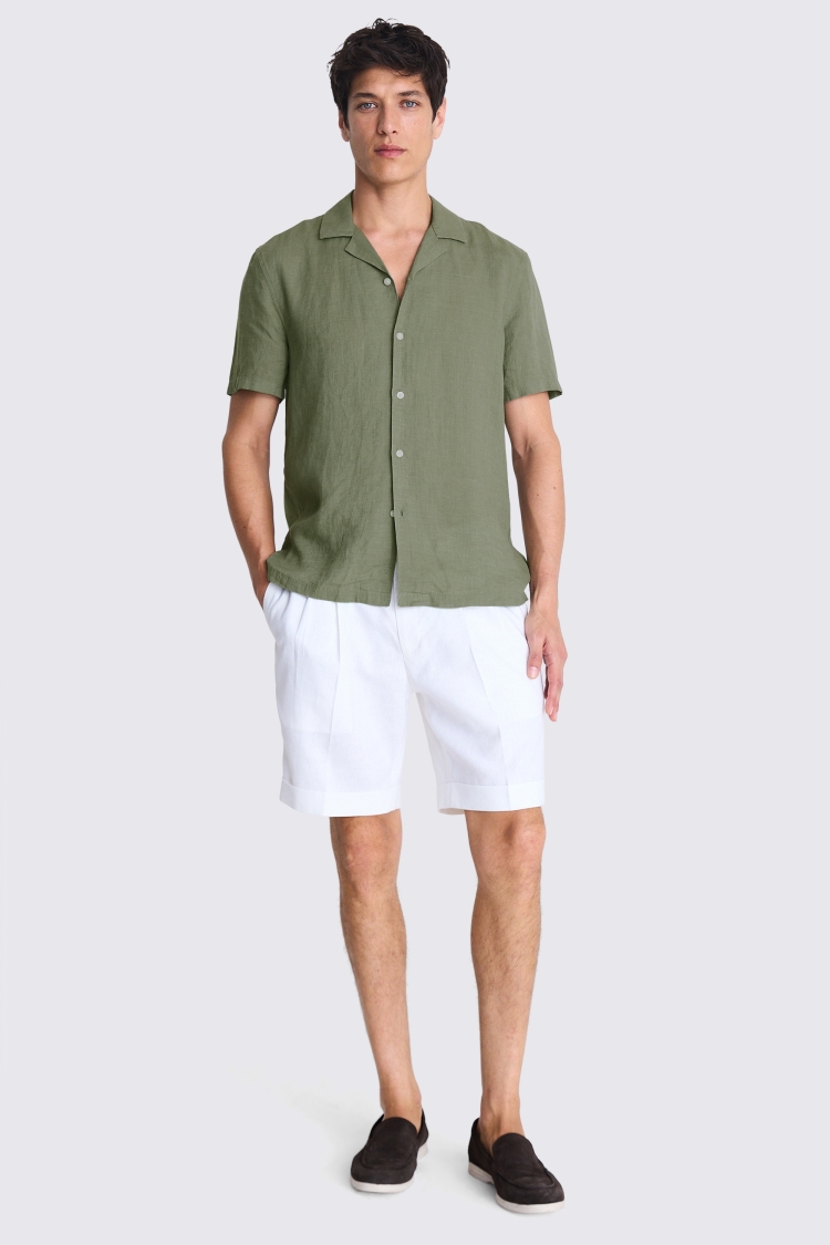 Tailored Fit Green Linen Cuban Collar Shirt