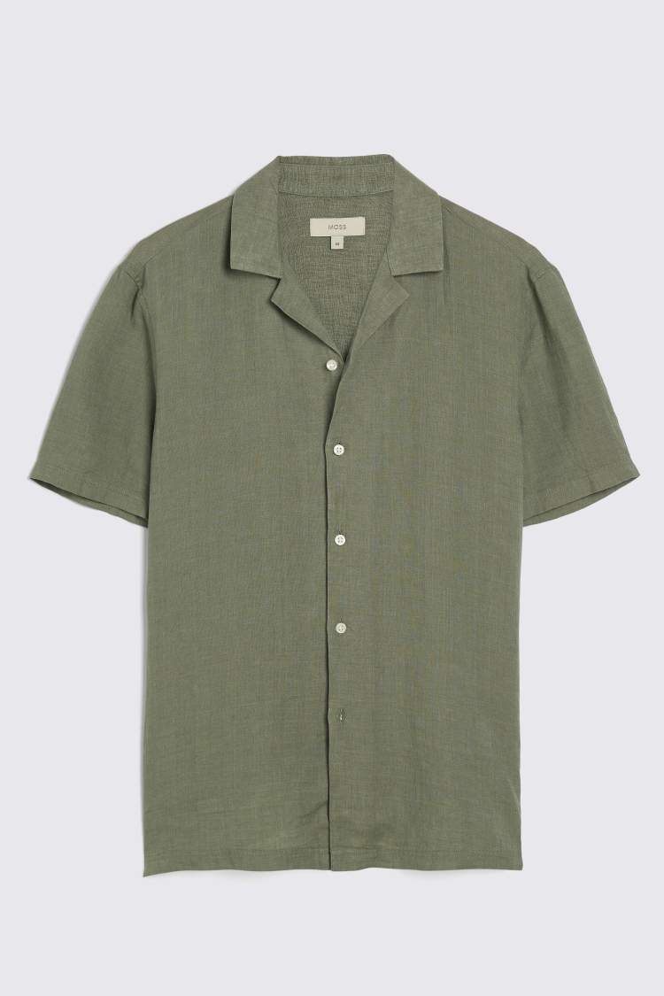 Tailored Fit Green Linen Cuban Collar Shirt