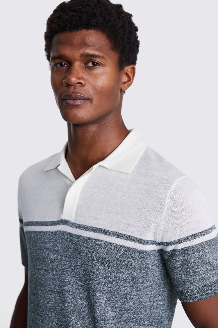 Khaki Stripe Linen Blend Knitted Polo